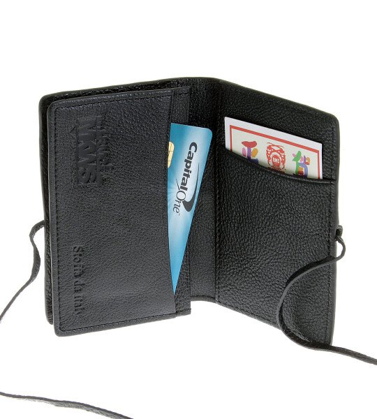 RMC JEANS MENS ITALIAN GRAIN LEATHER CARD HOLDER WALLET WITH SHOE LACE TIE IN BLACK REDM5708
