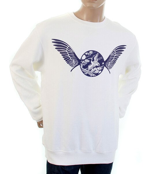 RMC JEANS RWC141262 NAVY FREEDOM CRANE PRINTED MENS LONG SLEEVED CREW NECK WHITE SWEATSHIRT WITH LARGE FITTING REDM1029